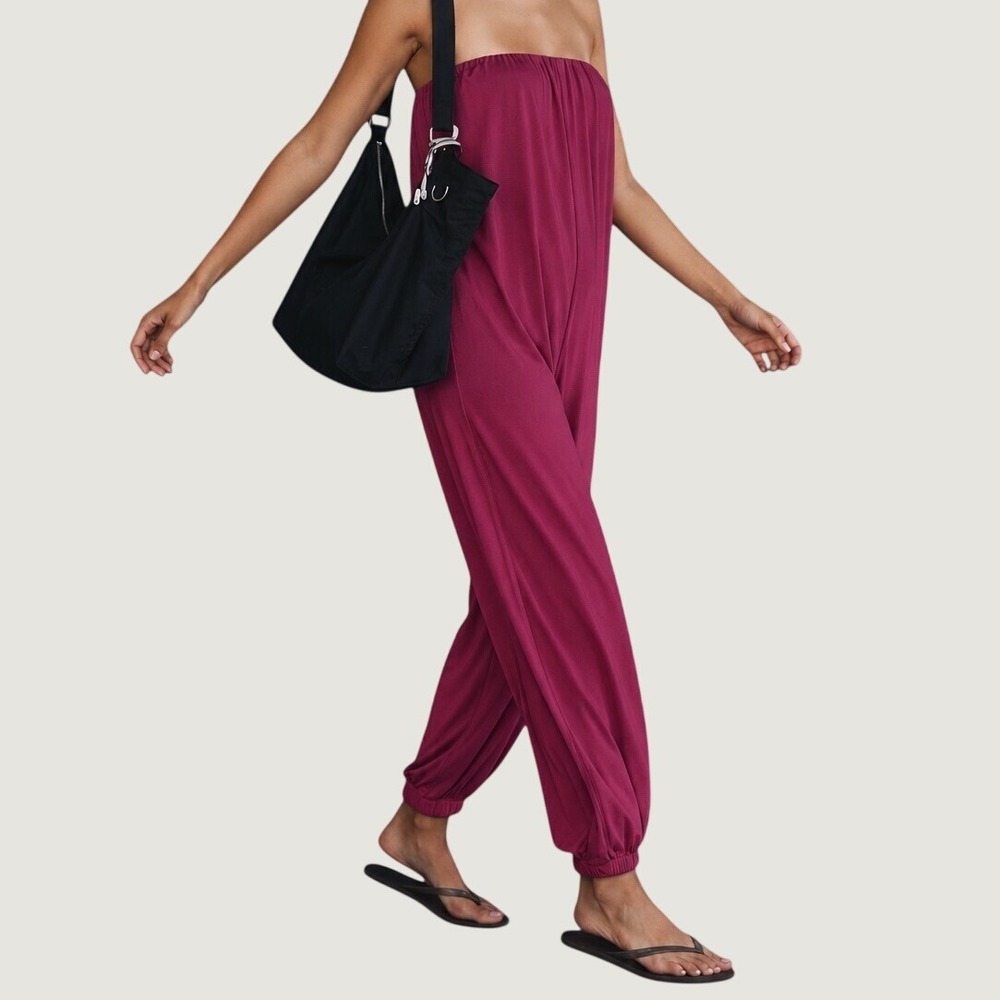 Free People FP Movement Jumpsuit Women L Merlot Good Karma Strapless Jumpsuit